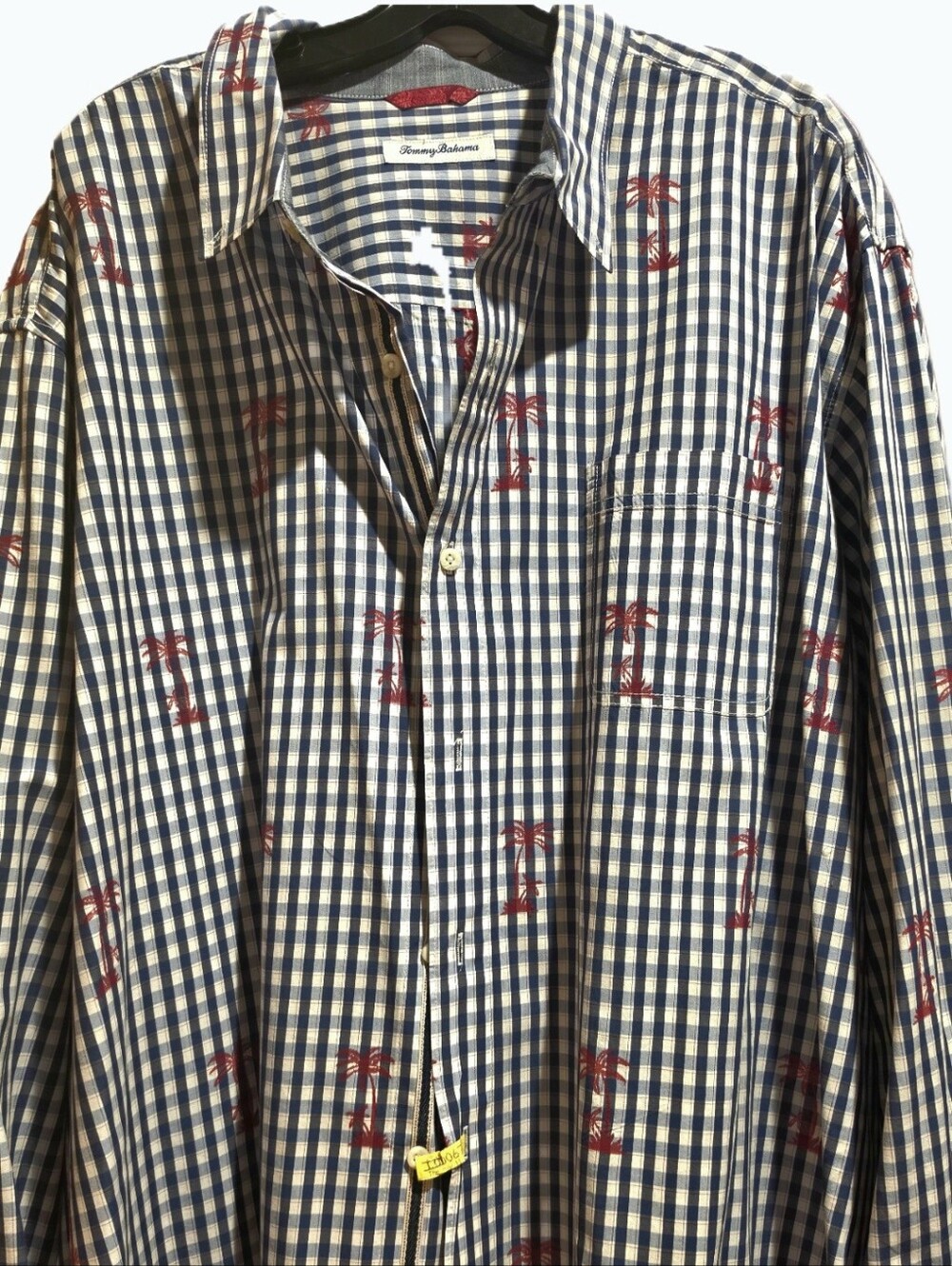 Tommy Bahama Blue and White Check Button-Down with Red Palm Print